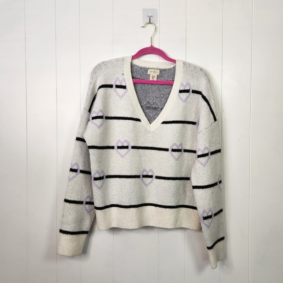 Jessica Simpson White Purple Stripe V-Neck Sweater Fuzzy Stretchy Size XL New - Picture 7 of 7